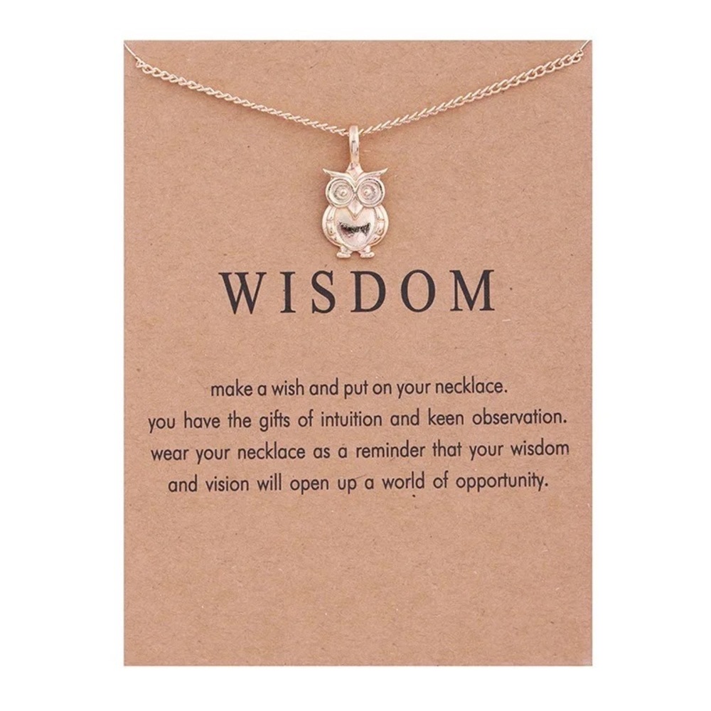 Owl Necklace w card gold tone chain w owl charm NEW Teacher GIFT inspirational